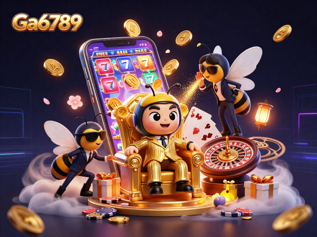 Ga6789 showcases a vibrant 3D scene with animated mobile slots, cartoon characters, and dynamic gaming elements