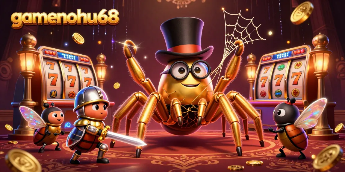 Engage with gamenohu68's thrilling casino action featuring a golden tarantula and beetle knight amidst dynamic slot reels.