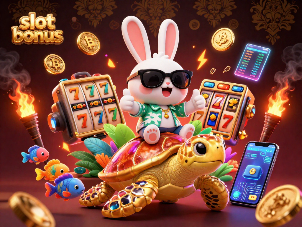 Engage with slot bonus at the casino while a lucky rabbit rides a golden turtle amidst vibrant game symbols.
