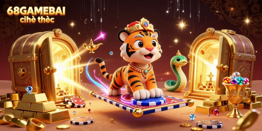 Experience thrilling gaming at 68GAMEBAI chính thức with vibrant 3D casino scene featuring wealthy characters and treasures.