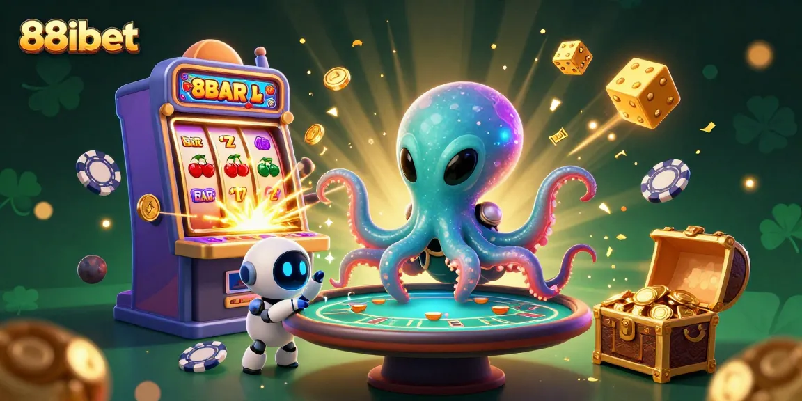 Experience thrilling excitement at 88ibet with a vibrant 3D illustration showcasing an alien octopus at a casino poker table.