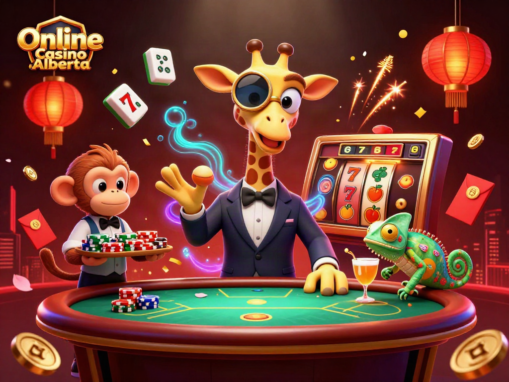 Experience the excitement of the Online Casino Alberta with a playful 3D giraffe and vibrant gaming elements.
