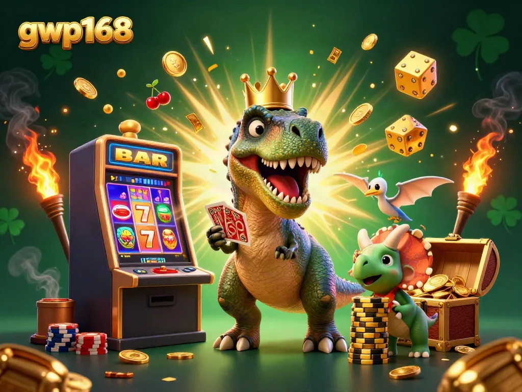 Permainan slot menarik di situs gwp168 dengan karakter dinosaurus dan mesin slot yang menggembirakan.