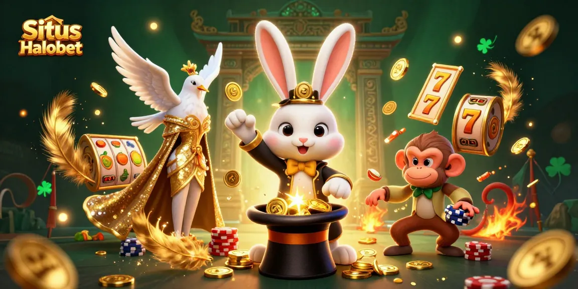Situs Halobet features a magician rabbit, glamorous dove, and monkey amidst slot game elements, enhancing your gaming experience.