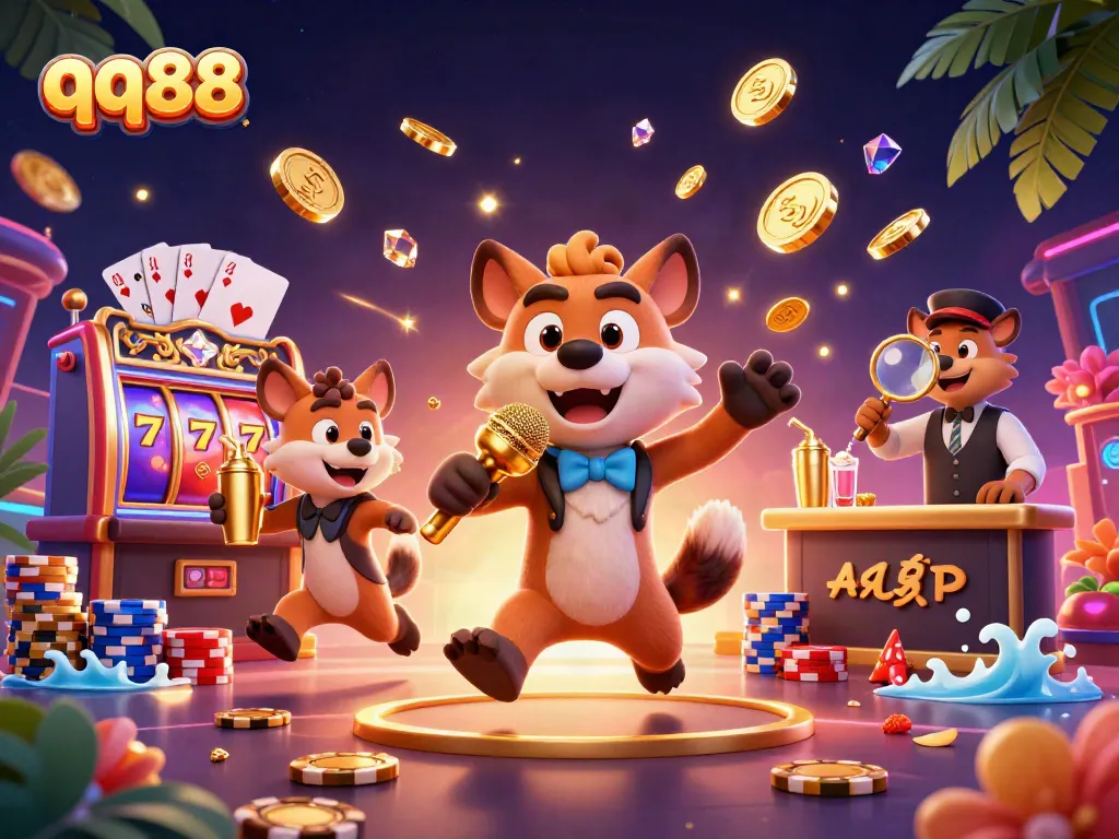 Experience the excitement of qq88 with a vibrant casino scene featuring cartoon hyenas and dynamic game symbols.