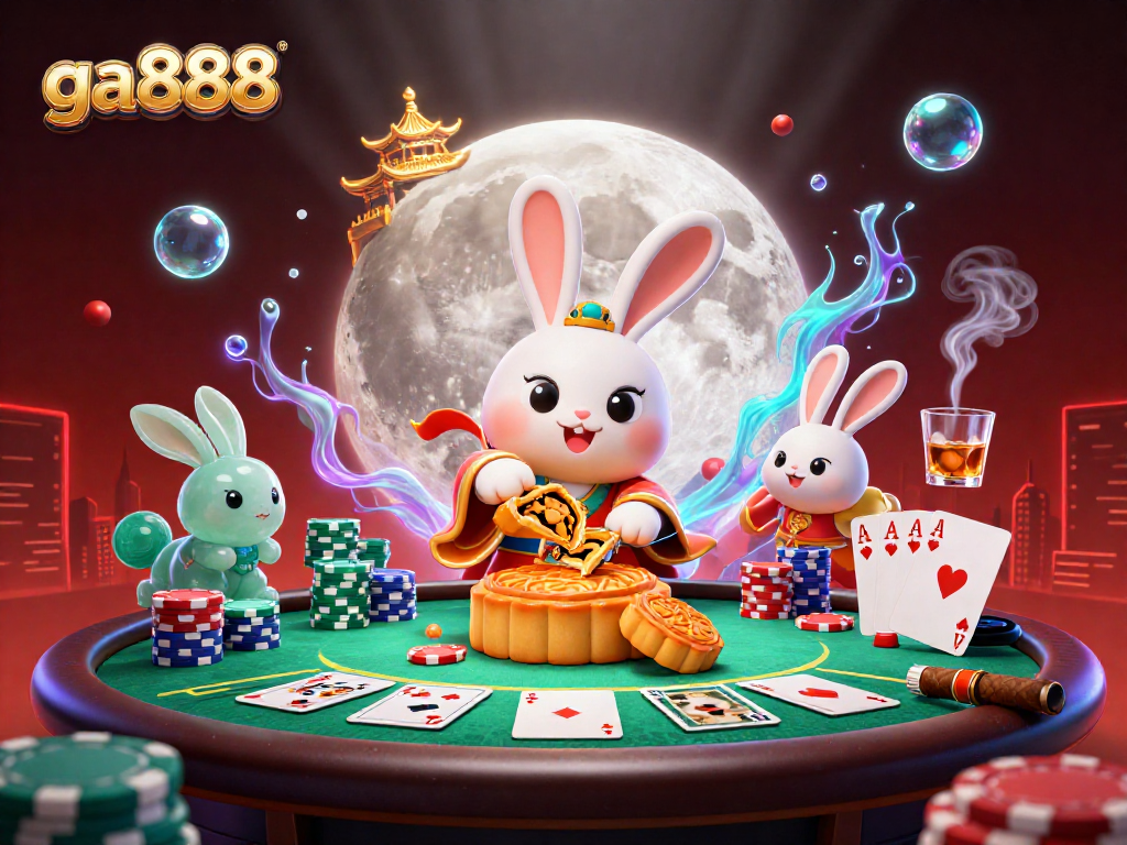 Engage with ga888 in a vibrant moonlit scene featuring rich poker elements and gaming excitement.