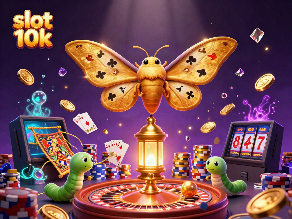 Experience the thrill of slot 10k with vibrant casino elements and a majestic atlas moth illustration.