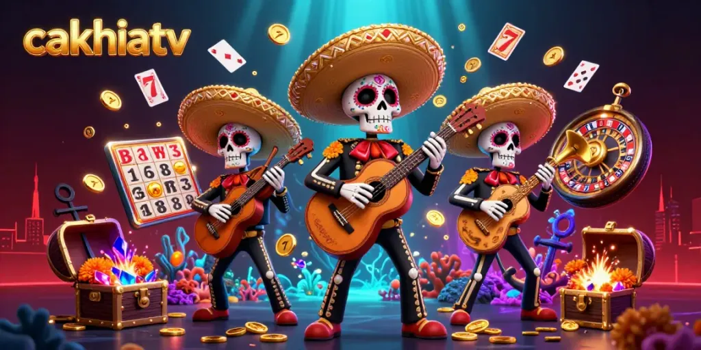 Cakhiatv offers immersive casino experiences with a colorful skeleton mariachi band and vibrant slot elements.