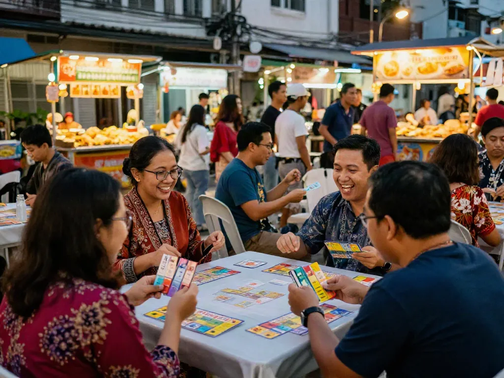 Nyonya 4D gaming event with players in traditional attire discussing strategies at vibrant urban street
