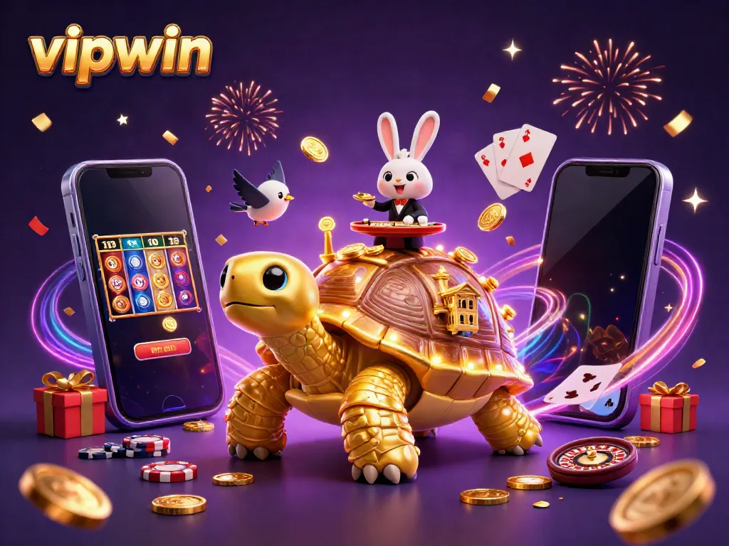 Engage in thrilling games at vipwin with a vibrant 3D casino scene featuring golden tortoise, rabbit dealer, and flying coins.