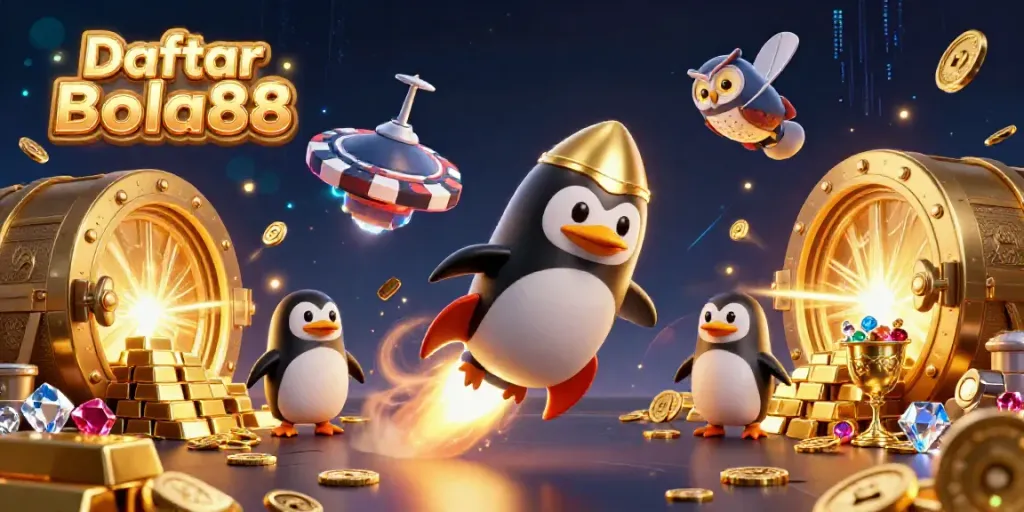 Experience Daftar Bola88 with a dynamic scene featuring a golden penguin in a casino-inspired space adventure.