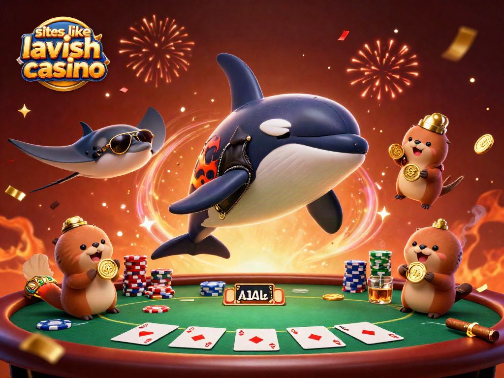 Play exciting games like Lavish Luck Casino with a dynamic scene featuring sea creatures and poker elements.