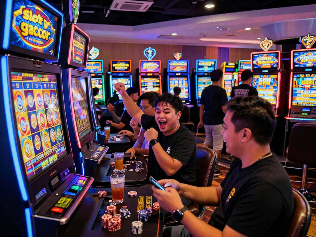 Exciting gaming scene featuring players around a "slot gacor" machine celebrating their wins in a vibrant casino.
