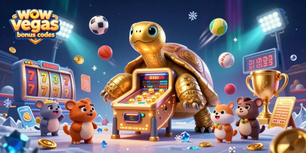 Win big with wow vegas bonus codes in this vibrant 3D casino adventure illustration.
