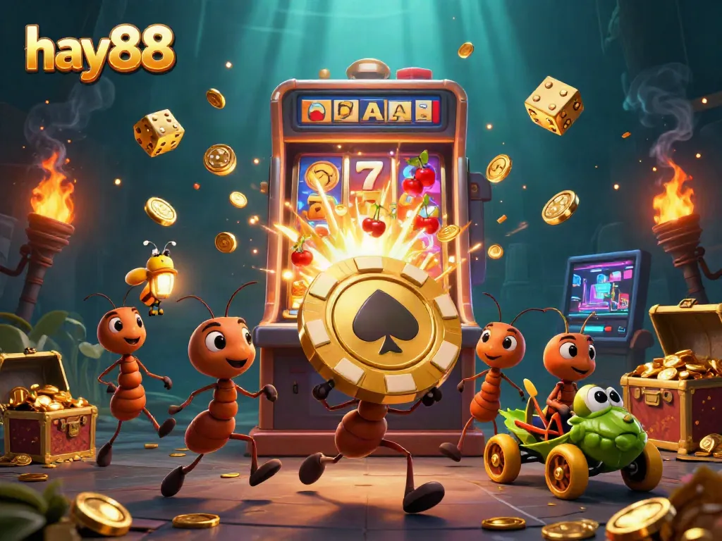 Experience thrilling gameplay with hay88 in a vibrant scene of playful ants carrying a massive poker chip amidst dazzling casino symbols.