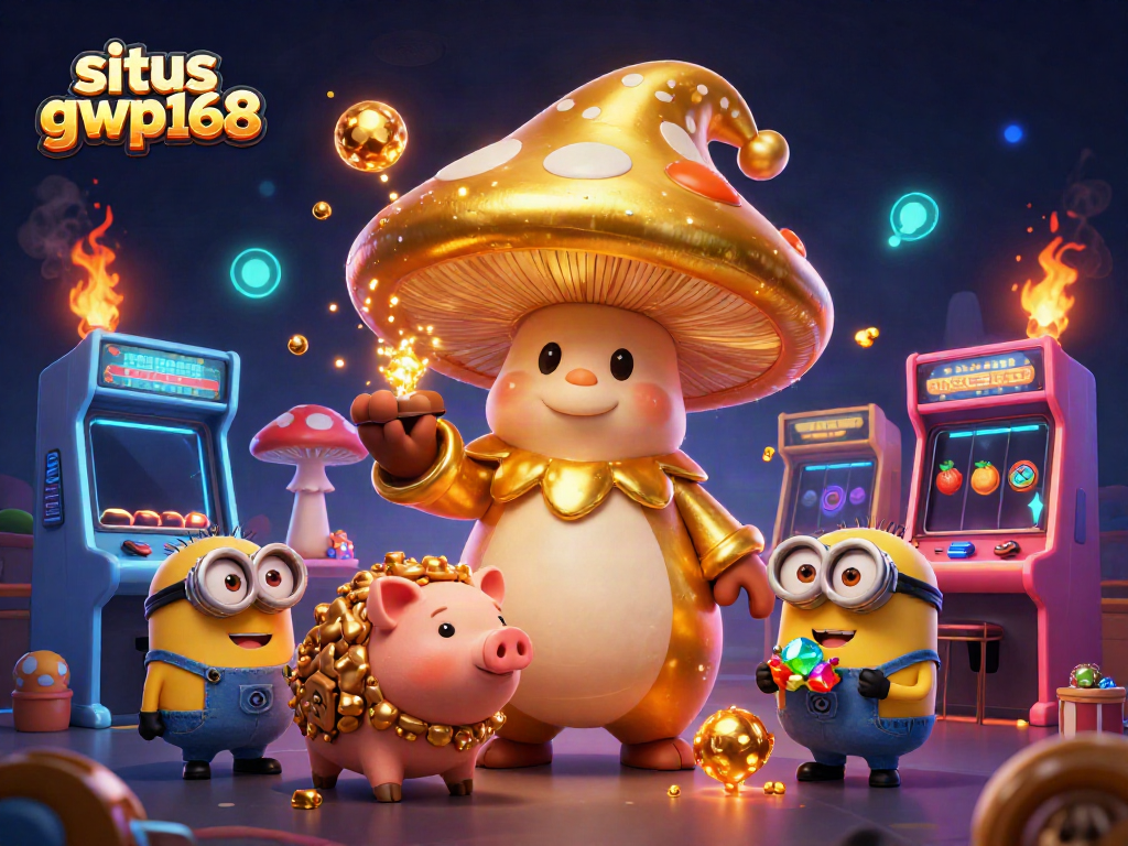 Mainkan situs gwp168 yang penuh dengan simbol slot dan karakter fantastis dalam ilustrasi kasino.