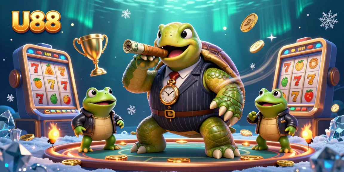 Experience the vibrant U88 casino scene with a mobster turtle and bullfrogs surrounded by rich gaming elements.