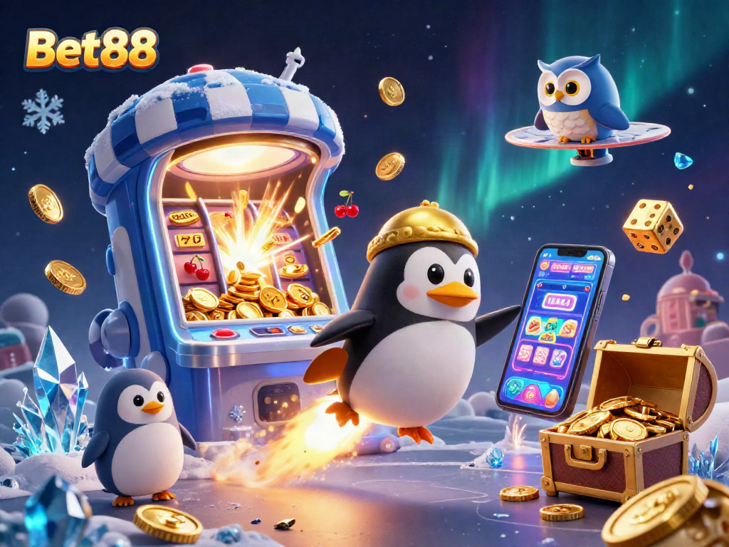 Experience the thrill of Bet88 with a golden penguin launching into a casino adventure.