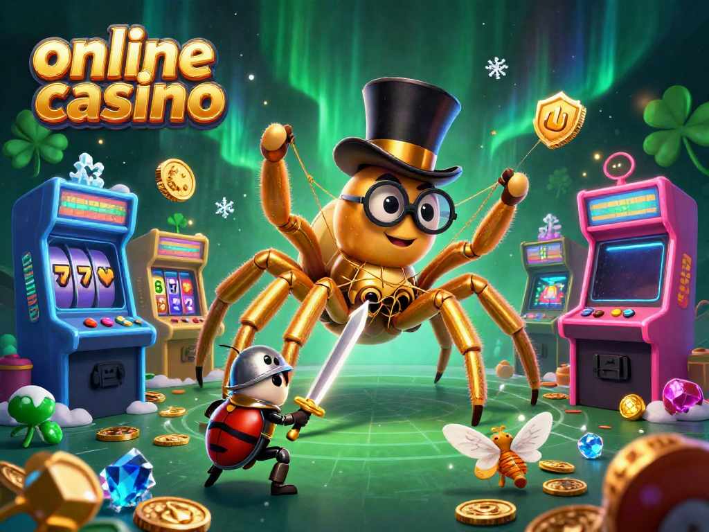 Engage with the exciting world of online casino, featuring a cartoon scene of a golden tarantula and a beetle knight.