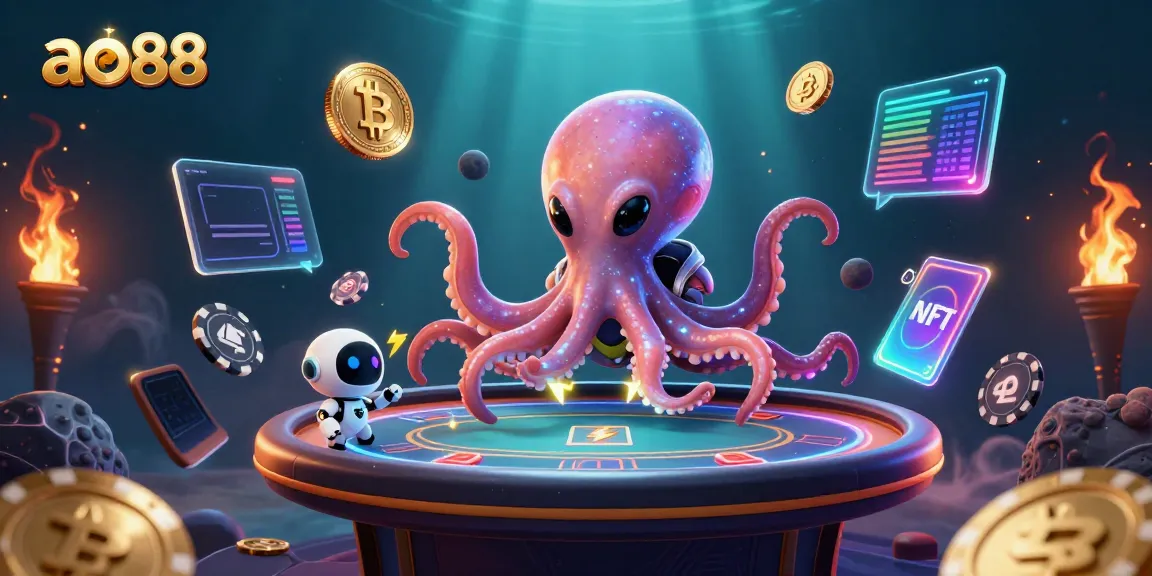 A cartoon alien octopus running a holographic poker table embodies ao88's gambling energy, set in a cosmic backdrop.