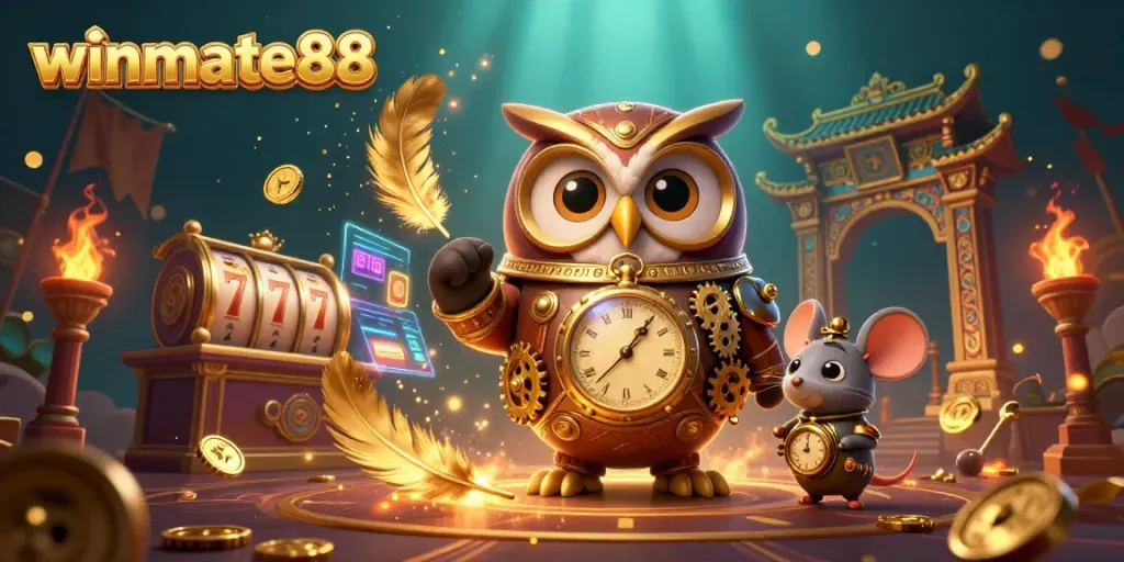 Experience the thrill of winmate88 at this vibrant casino-inspired scene with charming characters.