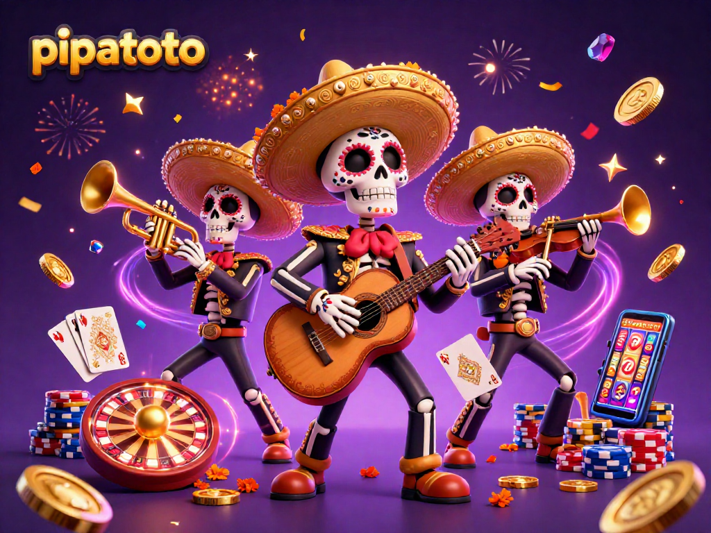 Pipatoto's vibrant Day of the Dead skeleton mariachi band celebrates with cascading golden coins and slot games.