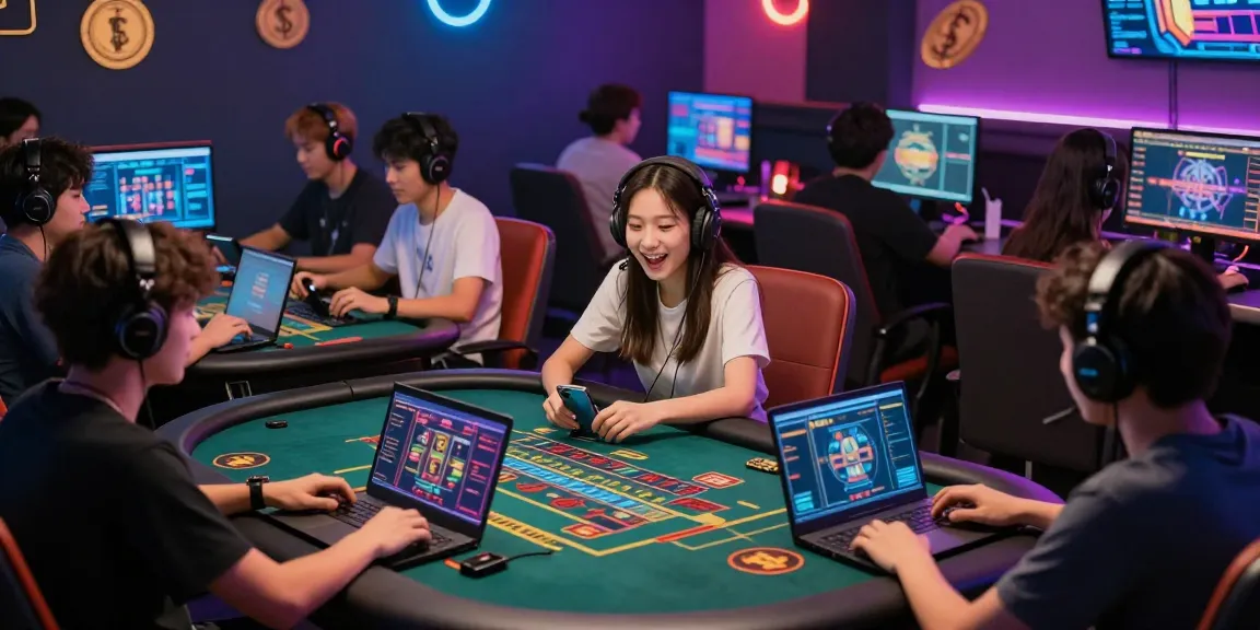 Excited players engaging with EE88's online gaming platforms in a modern lounge.