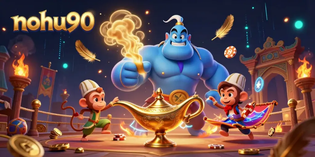 Noh90 casino illustration showcasing a powerful genie, monkey, and magic carpet amidst intriguing gaming elements for a vibrant online experience.