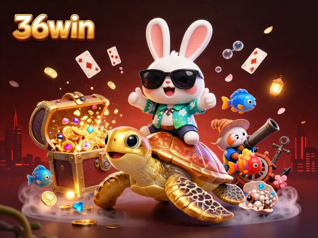 Experience thrilling gameplay at 36win with a cartoon lucky rabbit and golden turtle surrounded by treasures.