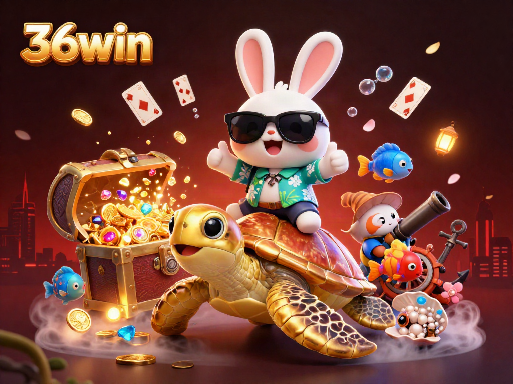 Experience thrilling gameplay at 36win with a cartoon lucky rabbit and golden turtle surrounded by treasures.