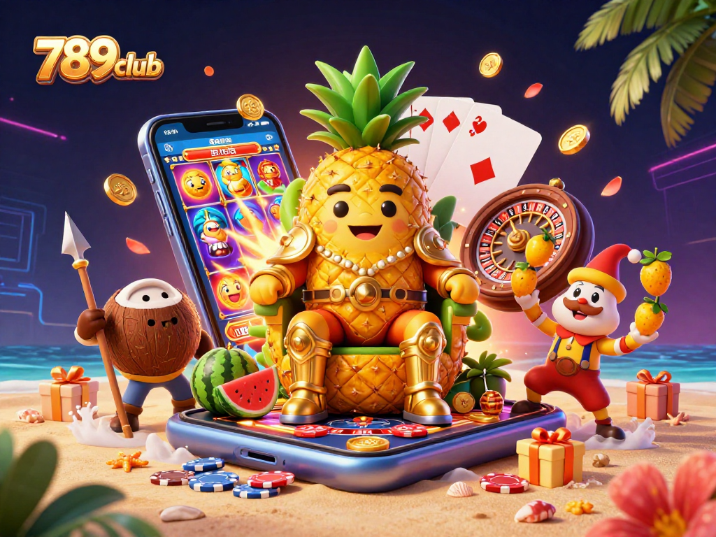 Engage with vibrant 789club casino action featuring a golden pineapple king, lively game elements, and rich visuals.