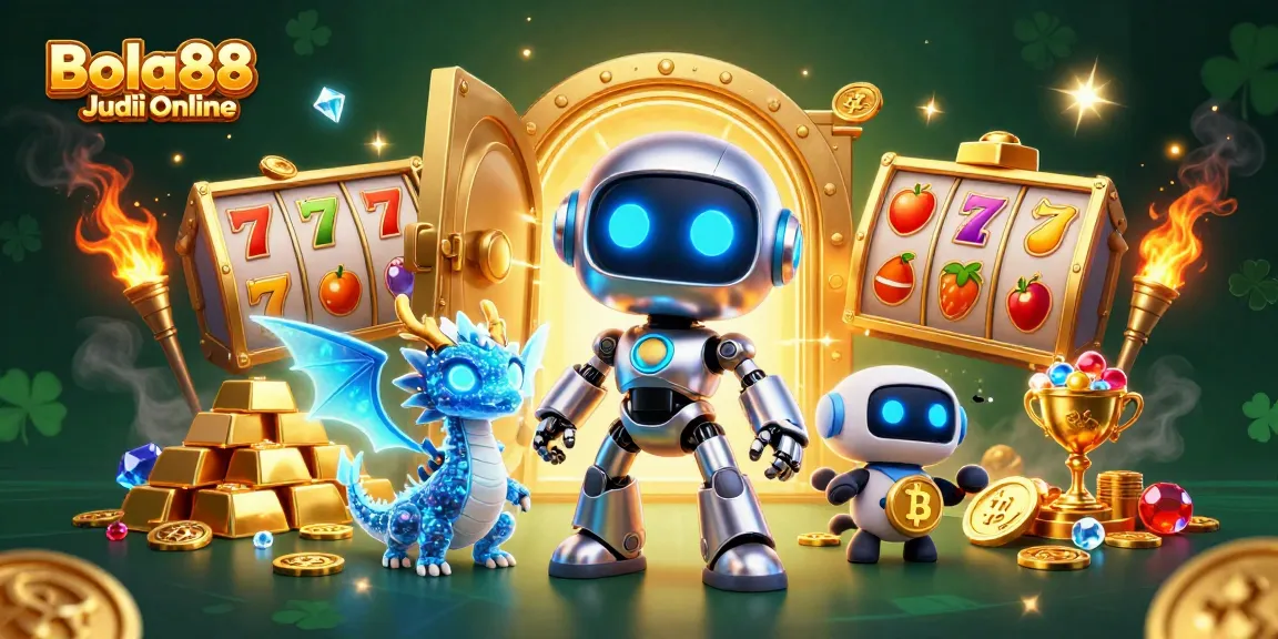 Bola88 Judi Online showcases vibrant slot machines with jackpots, featuring a robot mascot and precious gems in a bustling casino scene.
