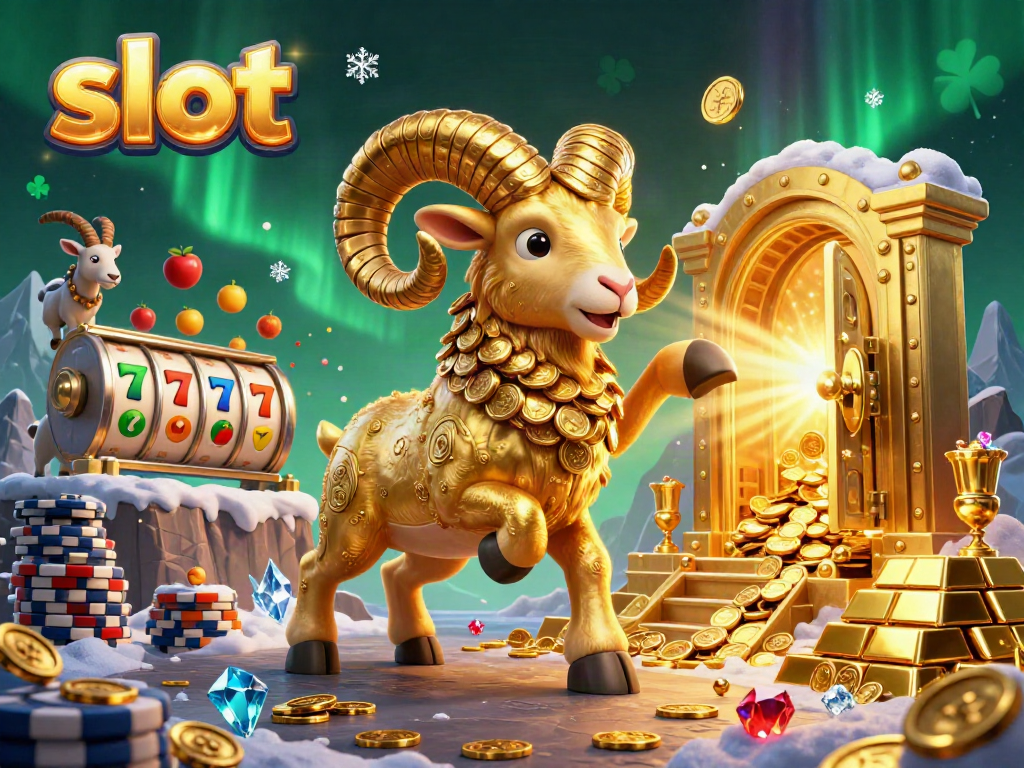 Experience exhilarating slot machine action with a vibrant cartoon ram charging through a treasure-filled casino.