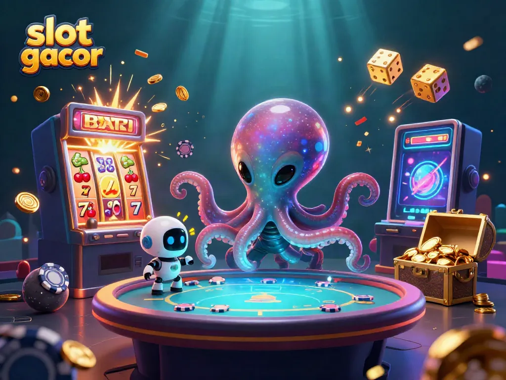 Experience the thrill of slot gacor with an alien octopus at a holographic poker table amid colorful casino elements.