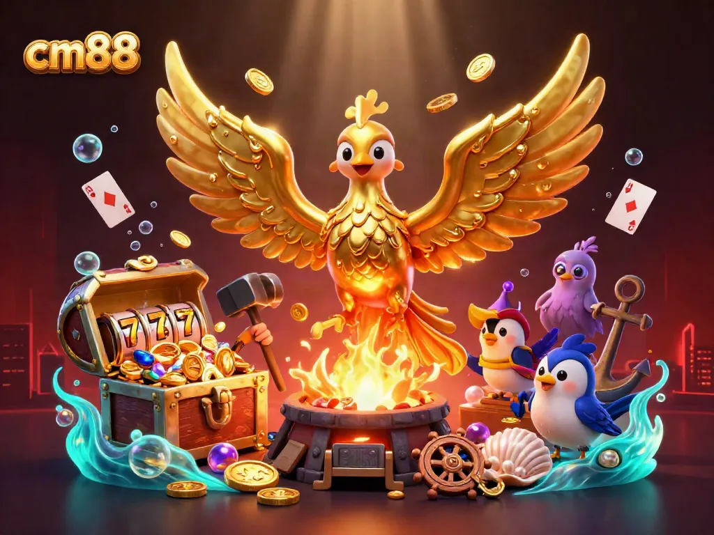 Engage with cm88 in a vibrant 3D casino scene filled with gold from slot reels and treasure.