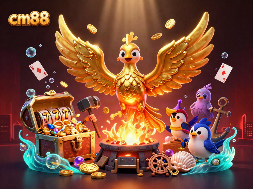 Engage with cm88 in a vibrant 3D casino scene filled with gold from slot reels and treasure.
