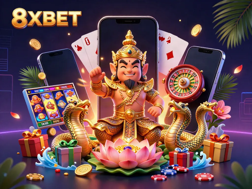 Engage with the vibrant 8XBET casino world with exciting slot games and colorful character elements dynamically arranged.