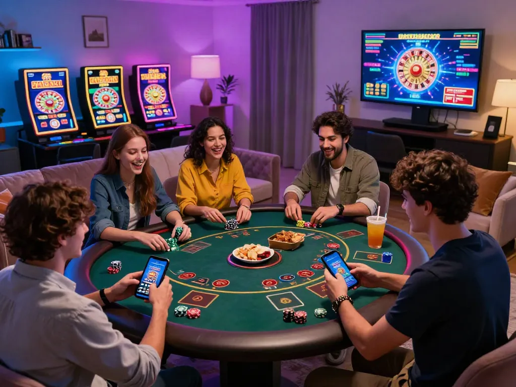 Experience the thrill of usa online casinos with players enjoying slots and blackjack in a lively home setting.