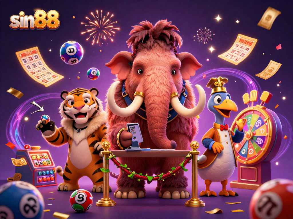 Experience the vibrant world of sin88 as a woolly mammoth checks IDs at a casino entrance, surrounded by lottery balls and confetti.