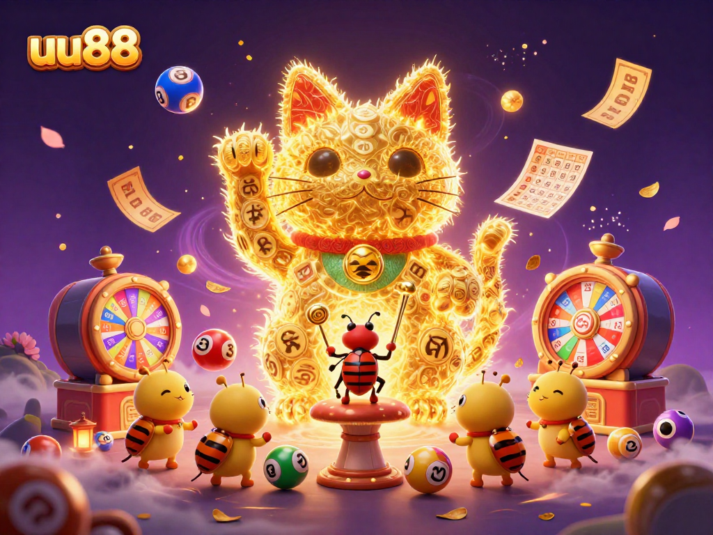Engage with uu88's vibrant lottery theme featuring a golden lucky cat and dynamic game elements.