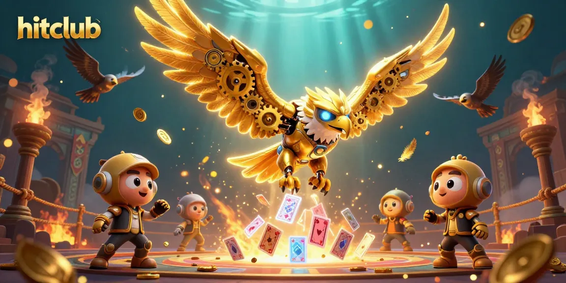 Engage with hitclub's thrilling casino adventure featuring a cybernetic eagle amidst flying cards.
