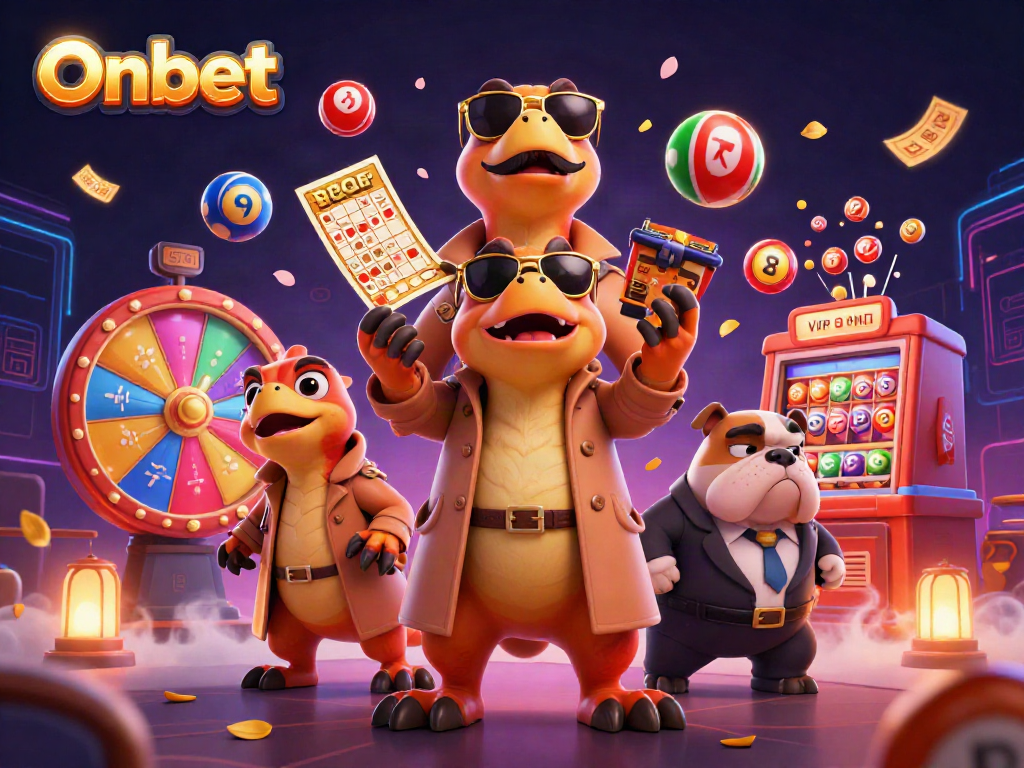 Catch the excitement at Onbet with a dramatic 3D scene of raptors and lottery elements.