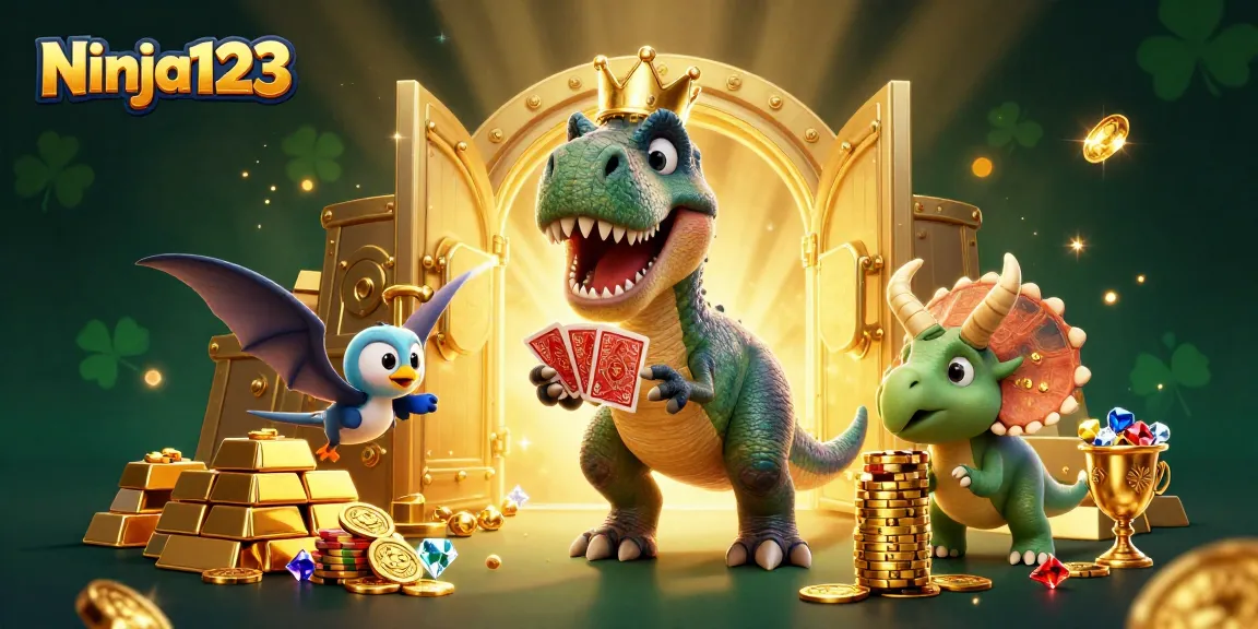 Ninja123 showcases cartoon dinosaurs playing cards in a vibrant casino setting.