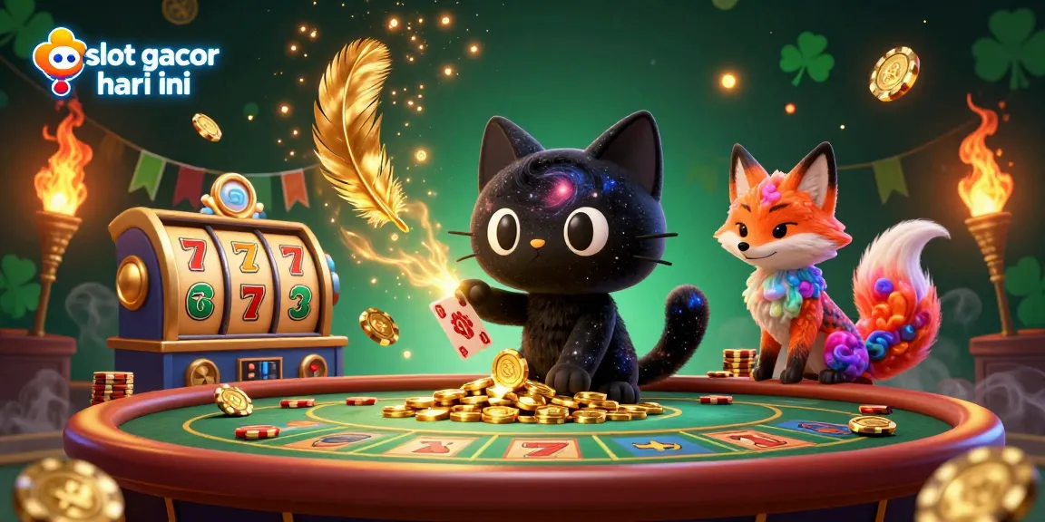 Engage in slot gacor hari ini with an enchanting cosmic casino scene featuring a cosmic cat and a nebula fox.