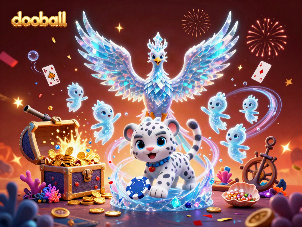 Engage with dooball’s thrilling atmosphere through immersive 3D illustration showcasing vibrant casino elements and characters.