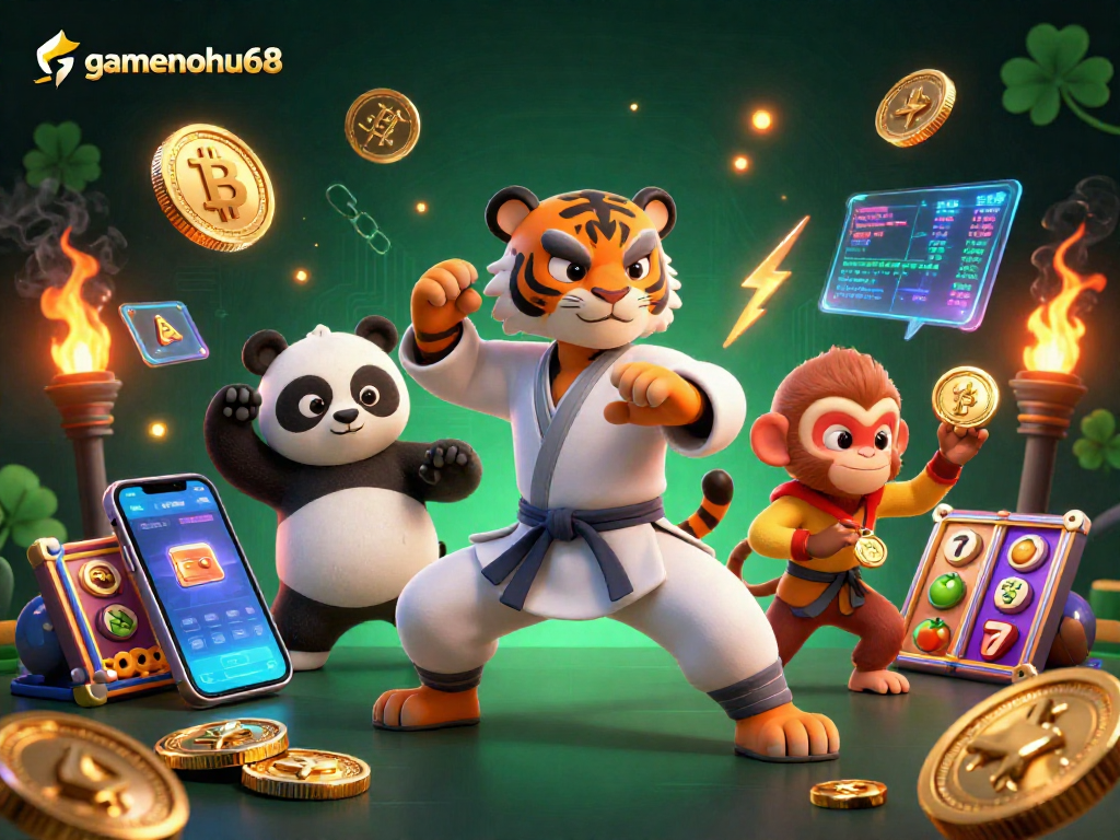 Join gamenohu68 in an immersive casino scene featuring a kung fu tiger, panda, and monkey amidst slot reels and cryptocurrency excitement!