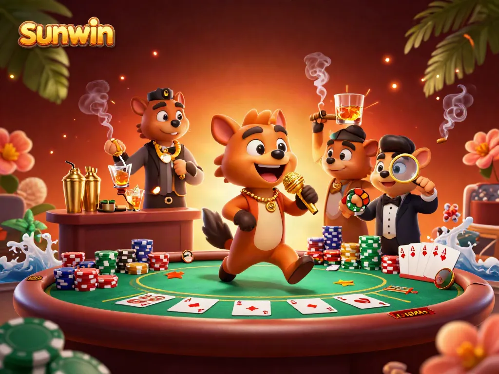 Experience thrilling gaming moments at sunwin with playful hyena characters in a vibrant casino setting.