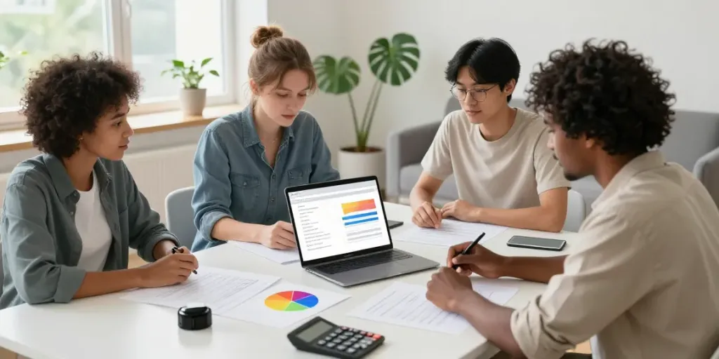 Collaborative team reviewing financing options on devices at https://www.putraloan.com/en/ in a modern office setting.