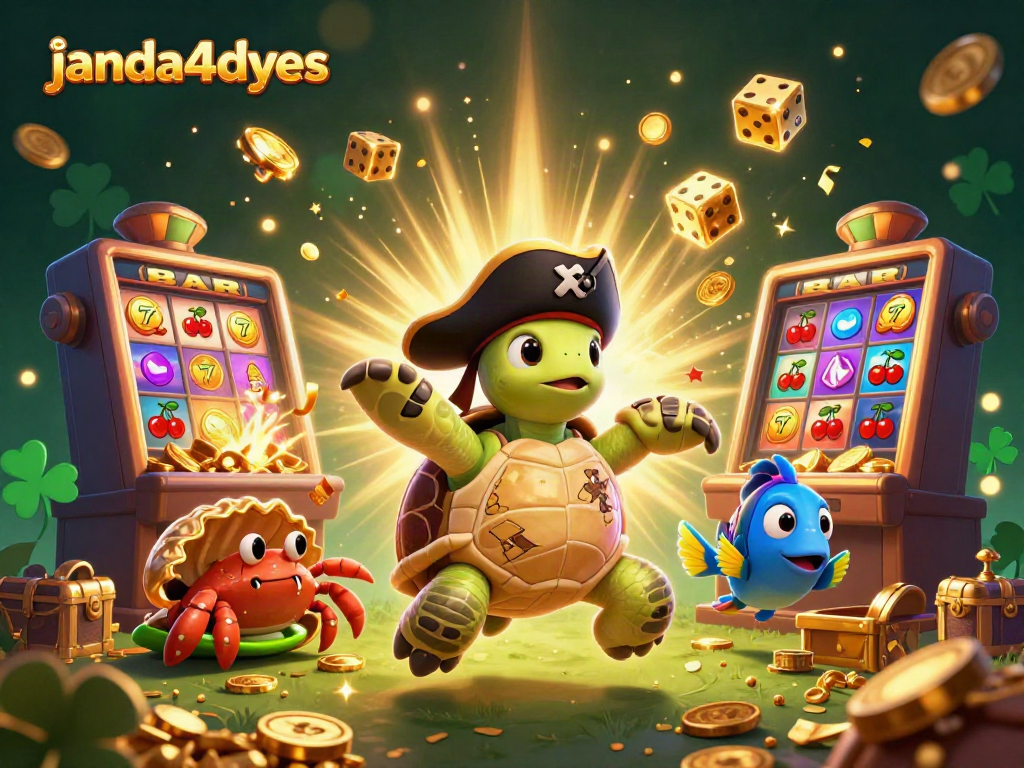Janda4dyes menghadirkan dunia kasino dengan karakter lucu menghiasi slot dan simbol kemenangan.