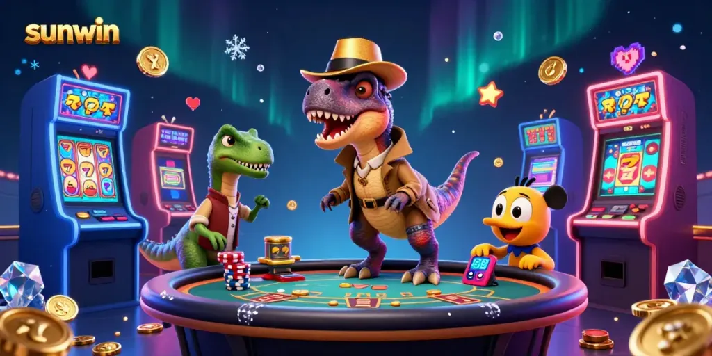 Experience thrilling moments at a blackjack table with sunwin, featuring unique 3D dinosaur characters.